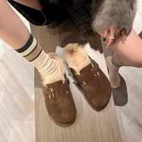 Fashion Women Suede Leather Round Toe Slippers Casual Fur Inside Warm Winter Flat Hees Sandals Woman Plush Slides Women Plus Size 42 35 šokoladas