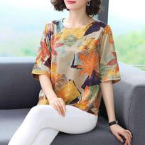 Spring and Summer Printed T-shirt Women's Loose and Thin Large Size Women's Middle-aged Mother's Mid-sleeved Bottoming Shirt Top M geltona