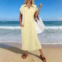 Women's Summer Casual Midi Dress Short-Sleeve V-Neck Loose-Fit Split Hem Beach Resort T-Shirt Maxi Dress L smėlis