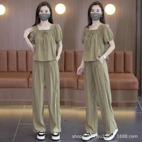 Women's Square Neck Wide-Leg Pants Set, Summer Fashion Slimming Stylish Youthful Loose Two-Piece Set XS gray