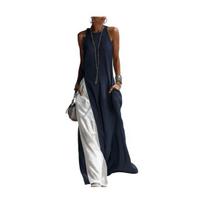 Women's Flowy Long Tank Top Side Split Crew Neck Sleeveless Maxi Dress Summer Casual Beach Sundress with Pockets S tamsiai mėlyna spalva