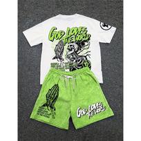 Spring And Summer American Trend Printed Skull Men's Round-neck Top And Shorts, Hip-hop Style Trendy And Cool 2pcs Set S