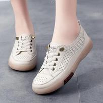 Women Flat Shoes Summer Breathable Cutout Leisure Shoes Ladies Soft Bottom Genuine Leather Flats White Shoes Woman 39 smėlis