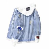 Jean Jacket Fake Two Piece Hooded Contrast Color Streetwear Spring Autumn Loose Single Breasted Outerwear Coat for Outdoor S šviesiai mėlyna spalva