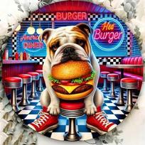 DORA Tin Sign Vintage Bulldog Hamburger Metal Tin Wall Sign Kitchen Cafe Bar Decor 20x20cm(8x8inch)