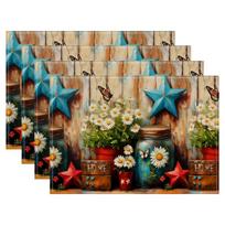 4pcs/6pcs/8pcs Rustic Country Placemats Set Wooden Fence Star and Daisy Print Table Mats for Farmhouse Kitchen Decor 4PCS