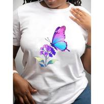 Butterfly and Flowers Vibrant Illustration Print T-Shirt, Women's Short Sleeve Tee  New Arrival S balta