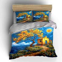 Sunny Coastal Cottage Wall Art Set kid's and adults' bedroom decor, Exquisite three-piece bedding set gift 135x200cm