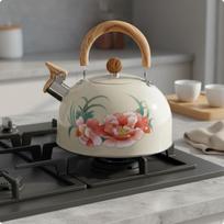 3L Steaming Kettle Loud Whistle Floral Print Water Large Capacity Whistling Teapot Beige