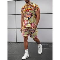 Men's Popcorn Print Set: Colorful 3D Food Graphic Tee with Matching Shorts. Summer Streetwear for Beach Holiday Travel Daily Wear Fun S įvairiaspalvis