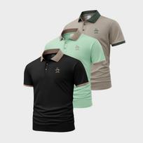 Men's Short-Sleeve Polo Shirt 3pcs Set-Vibrant Color-Blocked Collar, Double-Button Collar, Moisture-Wicking, Comfortable Fitness Top L juoda/žalia