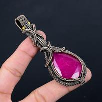 Lab-Created Ruby Gemstone Pure Copper Wire Wrapped Handmade Pendant Jewelry 3.86 Inches rožinė
