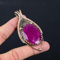 Lab-Created Ruby Gemstone Pure Copper Wire Wrapped Handmade Pendant Jewelry For Gift 3.07 Inches rožinė
