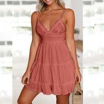 Women's Fashion Summer Sleeveless Deep V-Neck Sexy Lace  Splice Dress S rožinė