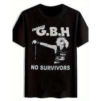 Vyriški vintažiniai GBH Charged & No Survivors grafiniai marškinėliai - Retro 80-ųjų punk roko grupės marškinėliai su GBH užrašu ir dygliuotos šukuosenos dizainu, laisvo kirpimo trumpi S juoda