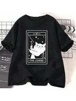 Tarot Lover T-Shirt Cotton Short Sleeve Cat Lover Crazy Cat Girl Pattern T-Shirt Harajuku Casual Retro Clothing Wounisex's Clothing S įvairiaspalvis