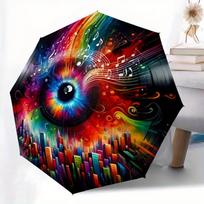 1pc Vibrant Music-Themed Automatic Folding Umbrella - 8-Rib Compact Design, Colorful Note & Book Illustration, Durable Iron Fr