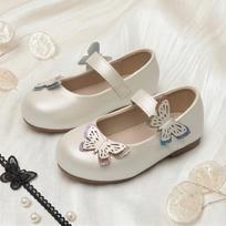 Girls' Sparkly Butterfly Mary Jane Leather Velcro Shoes - Princess Style for Baby Banquets and Fashion Shows 27 balta