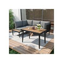 Sodo baldų komplektas, kampinė sofa + valgomojo stalas, kampinis, medžio-plastiko stalviršis, pilkas