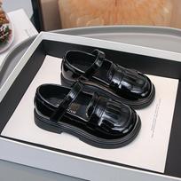 Girls' Black Leather Velcro School Shoes - New British Style 2026 for Spring & Autumn 29/18.1cm
