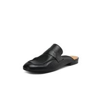 Fashion 2025 Women's New Spring/Summer Retro Round Toe Genuine Leather Sheepskin Headband Comfortable Low Heel Large Muller Slippers 34 juoda