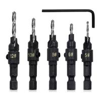 Woodworking Countersink Drill Kit Set of 5 1/4  Hexagonal Shank Bits for Combined Drilling and Chamfering Operations