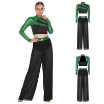 Two-Piece Stage Dance Outfit for Women S-XXL: Sequined Mock Neck Top & Flowy Side-Split Pants, Perfect for Competition S