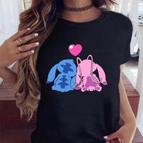 New Fashion FeUnisex Clothing Cartoon Disney Stitch Womens Tshirt Summer Short Sleeve Black Tops S