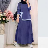 ZANZEA Women Vintage Long Sleeve Blouse and Pleated Long Skirts Two Piece Suit Sets M