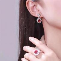Sparkling Pigeon Blood Ruby Jewelry Set: Open Ring, Elegant Stud Earrings & Versatile Necklace for Women