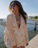 Women's Long Sleeve V Neck Loose Kimono Beach Cover Up with Tropical Print S oranžinė