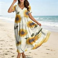 Womens Summer Dresses Uk Floral Print Short Sleeve V Neck Casual Loose Fit Ladies Summer Dresses Uk Sundress Summer Dresses for Women Uk XXL
