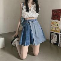 2024 Women's Slim High-Waist Denim Skirt: Korean Style, Loose Fit, Pleated, Color-Matching, Super Short for Spring and Summer S mėlyna