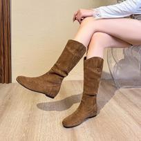 Women's Camel Suede Thigh-High Slouch Boots - Autumn/Winter 2025 Fashion, Flat Heel, Wide Calf, Round Toe 38 kupranugaris