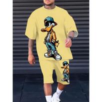 Summer Men's Suit Features an Interesting Cartoon Duck Print Casual and Fashionable Polyester Wear S