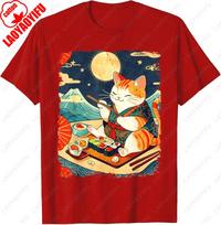 Cat Eating Sushi Japanese Anime Unisexga Kawaii Cat Ukiyoe Art Cotton TShirt Retro Oneck Printed Unisex Tops Funny Camisetas 4XL