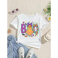 European sizes Halloween Colorful Bubble Gum Bat Flower Star Print T-Shirt for Girls, a Perfect Gift, Short-Sleeve Shirt for Toddlers 110 balta