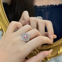 Women's Fashion Ruby Flower Adjustable Ring - Full Diamond Simulated Open Band Adjustable Size