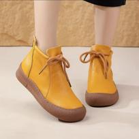Autumn and winter women's soft leather giant comfortable velvet short boots versatile flat-soled Martin boots round head retro women's shoes fl 35 geltona