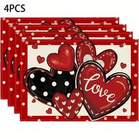 4/6/8pcs Red & Polka Dot Placemats Suitable for Valentine's Day - Heart-Shaped Table Mats with Polka Dot, Machine-Washable Polyester Rectangular Place 6PC-11.81x17.72inch