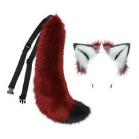 Pliušinis Vilko Ausų ir Uodegos Rinkinys, Anime Cosplay Plaukų Aksesuarai Minkštas Papuošalas Kailuotas Segtukas Šventei Red and White