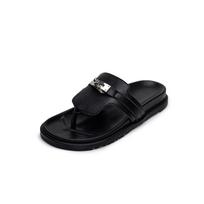 Originalios odinės lauko šlepetės su storu padu ir auksine sagtimi Size 35 juoda