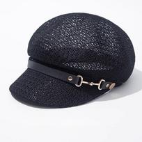 Versatile Hollow Octagonal Beret Hat Breathable Spring Summer Beach Straw Hat Leather Buckle Painter Hat Sunshade Cap juoda