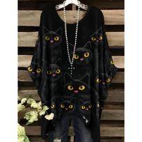 Women's Plus Size PlusT T-shirt with Big Eyes, Cat Pattern, Full Body Printed Short Sleeved Shirt, Versatile and Fashionable Round Neck Loose T-shirt 1XL