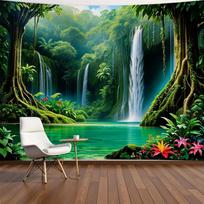 2D Lush Jungle Waterfall with Turquoise River Banner Photography Background Banner 47.2x31.5inch/120*80cm