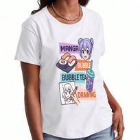 Manga Anime Bubble Tea Ladies Cotton T Shirt, Premium Cotton Print, Durable, Casual Fashion. Featuring Sushi, Manga Girl, Drawing Art, And A Delicious S įvairiaspalvis