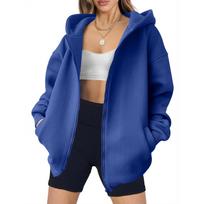 2026 Oversized Women's Zip-Up Hoodie with Pockets – European & American Casual Autumn Sweatshirt S mėlyna