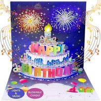 Birthday Cards Fireworks Pop Up Cake Blowable Light and Music Happy Birthday Card Gifts for Women Men Mom Kids