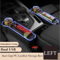 LED atmosferinis apšvietimas, automobilio sėdynė, laikymo niša, QC3.0 USB įkrovimo dėžutė, sėdynės dėžė, laikymo organizatorius, puodelio laikiklis, telefono laikiklis, priedai, kairė pusė