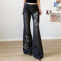 Women Retro Y2k Baggy Denim Pants High Street Basic Trousers Floral Embroidery Jeans Vintage 2000s Low Rise Flared Jeans XS juoda